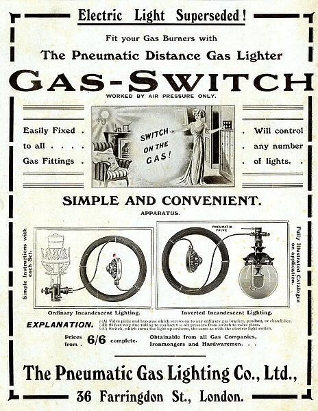 Advert, Gas Switch, The Pneumatic Gas Lighting Co Ltd