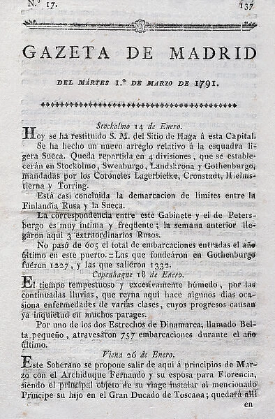 Gazette of Madrid. 18th century. Number 17. 1791. Royal Prin