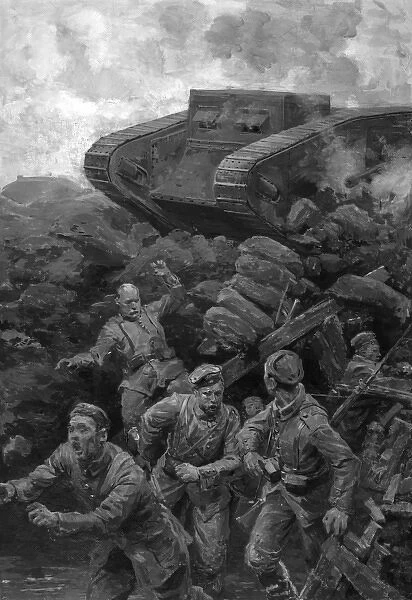 German soldiers fleeing from a firing tank, WW1