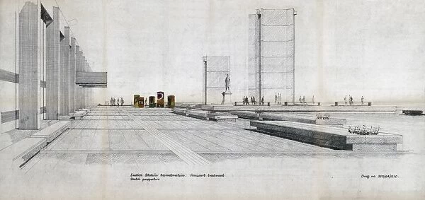 Euston Station. British Railways. Euston Station Reconstruction forecourt treatment sketch perspective (showing Stephenson Statue)