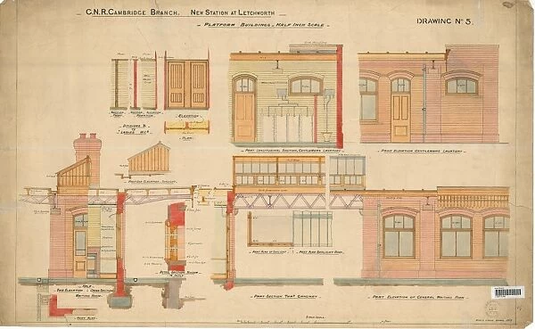 G. N. R Cambridge Branch. New Station at Letchworth - Platform buildings - Elevations and sections of waiting room, gangway and gentlemens lavatory [1912]