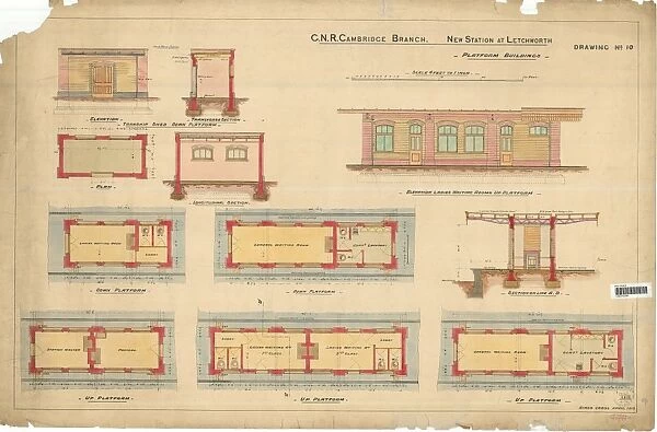 G. N. R Cambridge Branch. New Station at Letchworth - Platform Building - elevations, sections and plan of Up and Down Platform and Ladies Waiting Room [1912]
