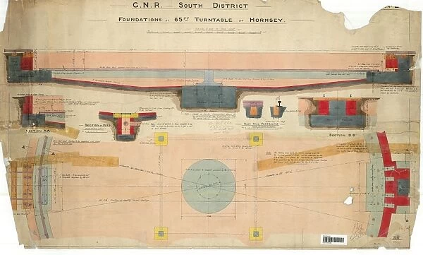 GNR South District Foundations For 65Ft Turntable at Hornsey - Sections [1913]