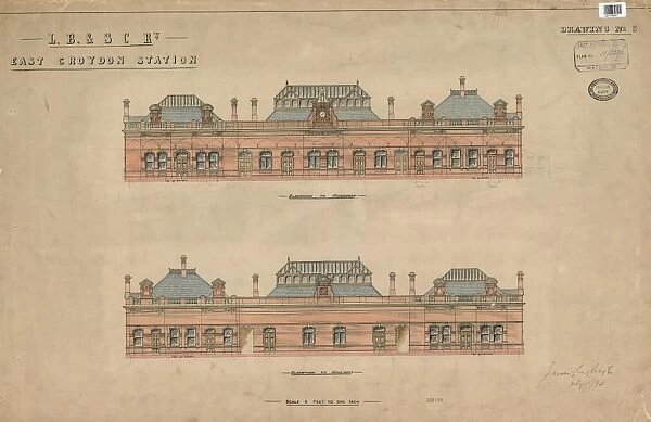 L. B. &s C Ry - East Croydon Station - Elevation to Roadway - Elevation to Railway - Drawing No 3 [1894]