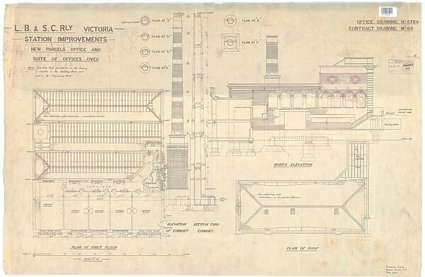 LB&SCR Victoria Station Improvements - New Parcels Office and Suite of Offices over - North Elevation and plans. Office drawing 6784, Contract drawing 49 [1903]