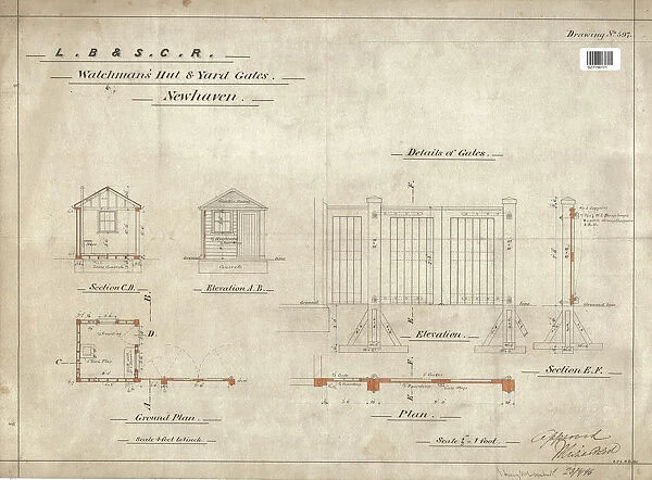 LB&SCR Watchmens Hut and Yard Gates Elevation Section and Plan [1896]