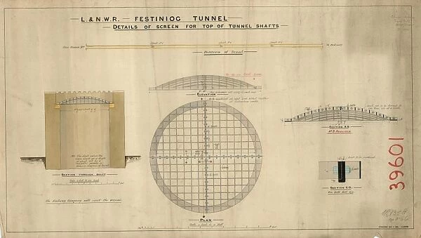 L&N. W. R Ffetiniog Tunnel - Details of screen for top of tunnel shafts including plan, section and elevation [1894]