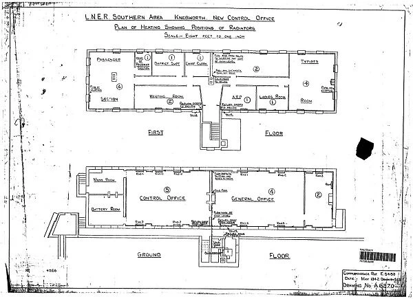 LNER Southern Area Knebworth New Control Office - Plan of heating showing radiators [May 1942]