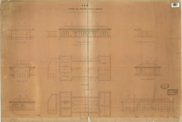 S. E. R Proposed New Passenger Station at Aldershot - Ground plan, Elevations and Sections [1863]