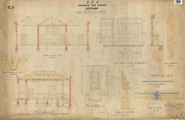 S. E. R. Proposed New Station Buildings at Lewisham - Sections of Booking Office, Details of Joiners Work etc [1857]