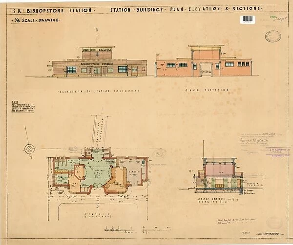 S. R. Bishopstone Station - Station Buildings: Plan, Elevation and Sections - 1  /  8 scale drawing [1938]