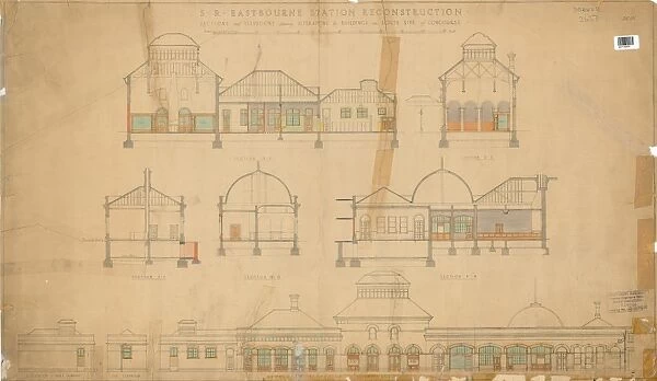 S. R. Eastbourne Station Reconstruction - Sections and Elevations showing Alterations to Buildings on South Side of Concourse