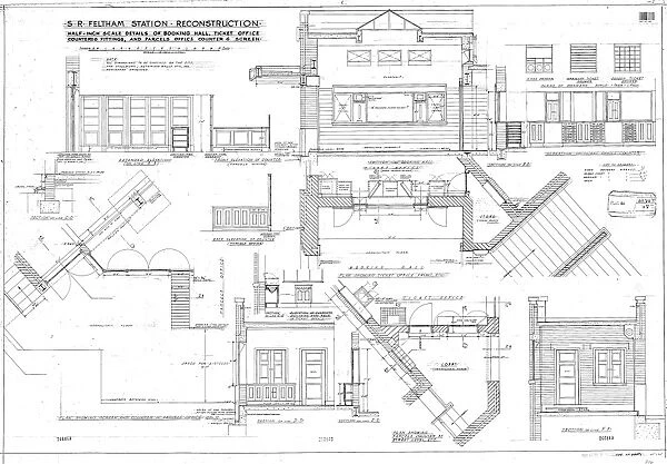 S. R. Feltham Station Reconstruction - Details of Booking Hall, Ticket Office counters and fittings, and Parcel Office counter and screen - Sections and Elevations [N. D. ]