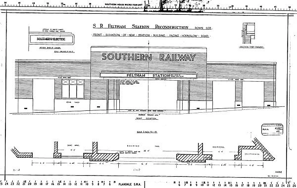 S. R. Feltham Station Reconstruction down side - Front Elevation of New Station Building facing Hounslow Road [N. D. ]