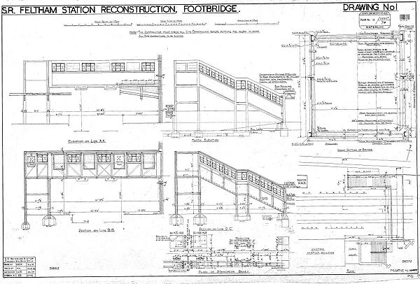 S. R. Feltham Station Reconstruction - Footbridge Elevations and Sections [1938]