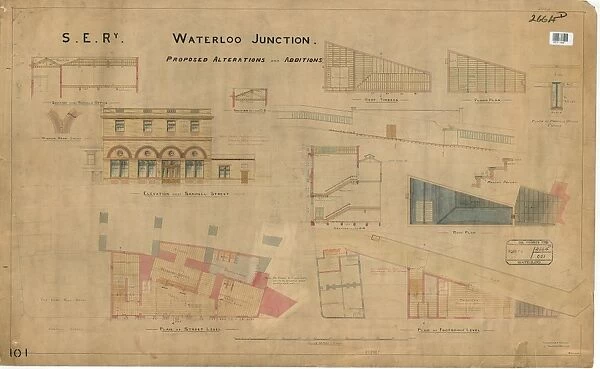 S. R. Railway Waterloo Junction - Propsed Alterations and Additions including Elevations and Plans at street, footbridge and roof level [1899]