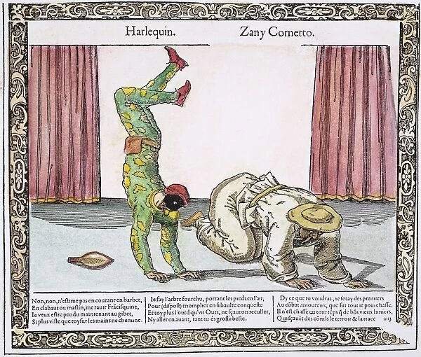 COMMEDIA DEL ARTE, 18th C. Harlequin and Zanni in a performance of the Italian Commedia dell Arte: French engraving, 18th century
