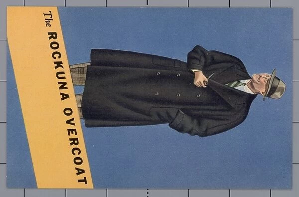 Advertisement for the Rockuna Overcoat. ca. 1936, Take a weight off your shoulders this winter. Get a ROCKUNA. Only 26 ouncesjayet it gives all the comforting warmth of much heavier overcoats that weigh you down. The secret lies in the yarnjaa combination of warm alpaca and hardy mohair. Closely knitted together to form a fabric, luxuriously light, yet practically impervious to cold. Come in for your ROCKUNA todayjasingle or double breasted, plain shades or patternsja and you ll have a c oat that will serve smilingly from September through April. Luxuriously lined with Earl-Glo