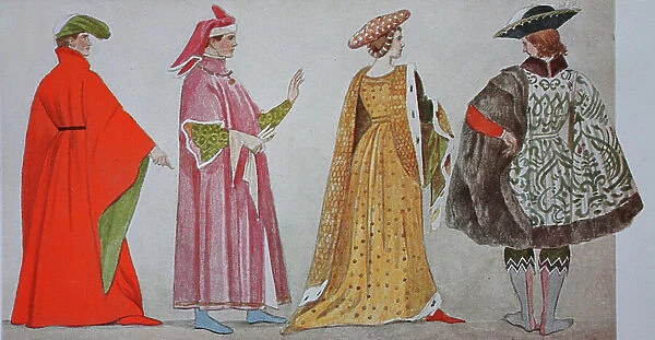 Clothing, Fashion in Italy, Early Renaissance from 1400-1450, from left