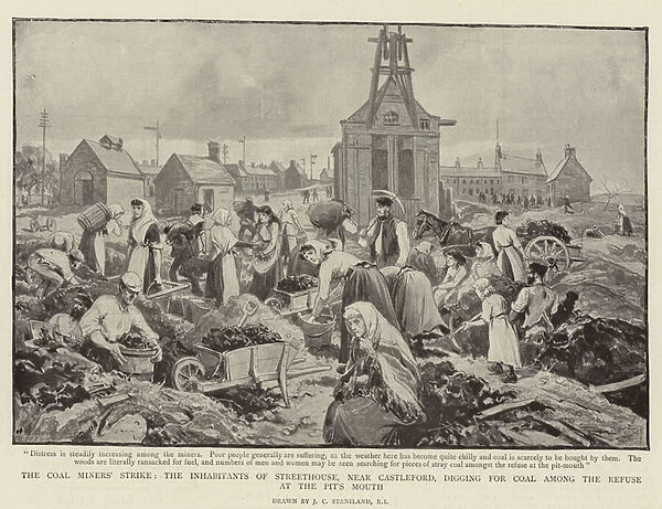 The Coal Miners Strike, the Inhabitants of Streethouse, near Castleford, digging for Coal among the Refuse at the Pits Mouth (litho)