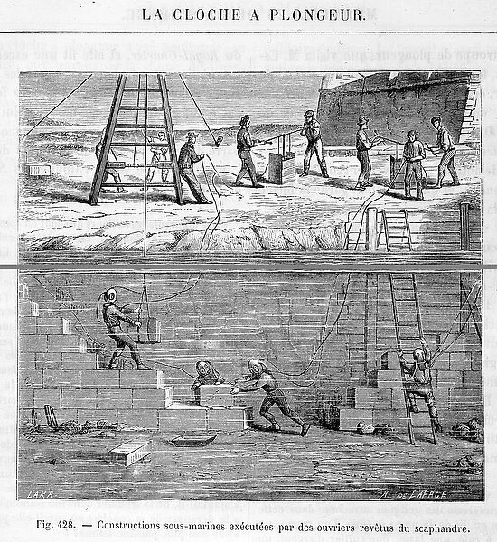 The diver bell: Underwater construction carried out by workers wearing a suit