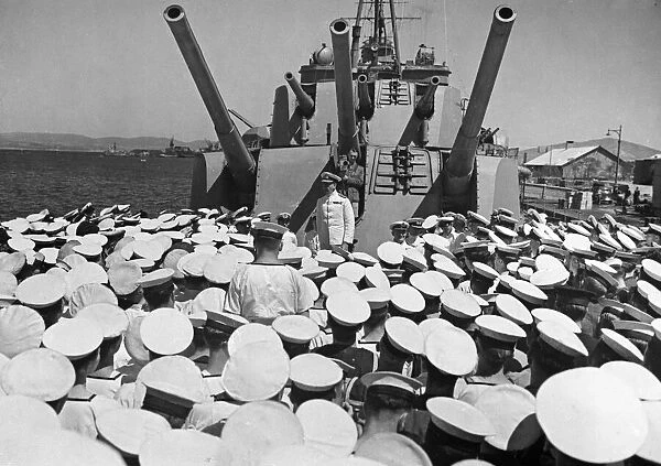Vice Admiral Sir James Somerville addressing the ships company of British Royal Navy