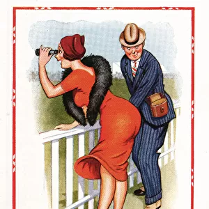 Comic postcard, couple at the races - They re Off