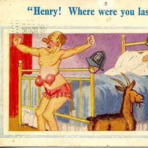 Comic postcard, Husband after riotous night out Date: 20th century