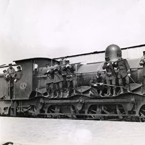 WWI: soldiers on a railway engine, Mechelen, Malines, Belgium