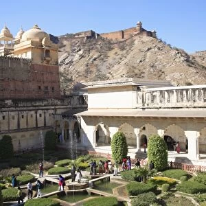 Garden, Amber Fort Palace with Jaigarh Fort or Victory Fort above, Jaipur