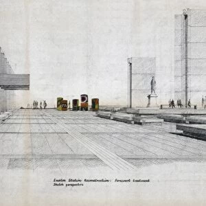 Euston Station. British Railways. Euston Station Reconstruction forecourt treatment sketch perspective (showing Stephenson Statue)