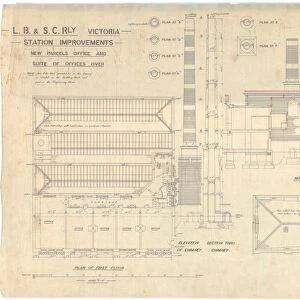 LB&SCR Victoria Station Improvements - New Parcels Office and Suite of Offices over - North Elevation and plans. Office drawing 6784, Contract drawing 49 [1903]