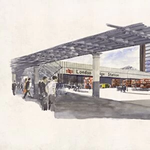 London Bridge Station. British Railways. [No title- watercolour of station frontage - showing people, vehicles etc]. Not dated