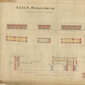 S. E & C. R Waterloo Junction Station - Buildings on Centre Platform including plans and elevations for Station Masters building, Urinals, Wainting Rooms, Refreshment Room and Cellar [1899]