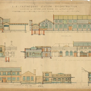 S. R. Eastbourne Station Reconstruction - Elevations and Sections of New Booking Hall and Parcels Office