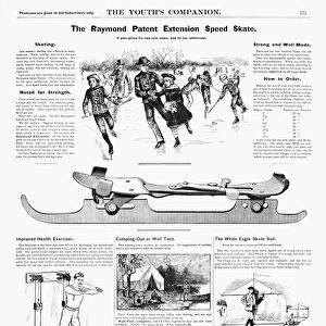 AD: RECREATION, 1890. American magazine advertisements for ice skates, an exercise machine