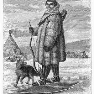 ESKIMO HUNTER AND DOG. An Eskimo going hunting with his dog and bow and arrows. Wood engraving, late 19th century