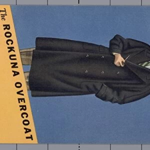 Advertisement for the Rockuna Overcoat. ca. 1936, Take a weight off your shoulders this winter. Get a ROCKUNA. Only 26 ouncesjayet it gives all the comforting warmth of much heavier overcoats that weigh you down. The secret lies in the yarnjaa combination of warm alpaca and hardy mohair. Closely knitted together to form a fabric, luxuriously light, yet practically impervious to cold. Come in for your ROCKUNA todayjasingle or double breasted, plain shades or patternsja and you ll have a c oat that will serve smilingly from September through April. Luxuriously lined with Earl-Glo