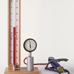 Apparatus to measure pressure with foot pump showing Boyles Law, the volume of mass of gas at a fixed temperature will change in relation to the pressure