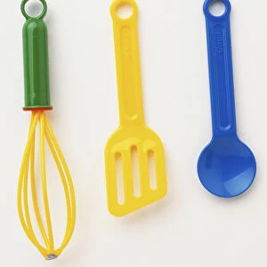 Childrens kitchen toy set, blue spoon, yellow fish slice, green and yellow whisk