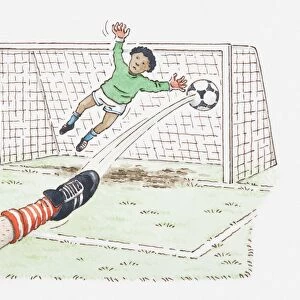 Illustration of players foot kicking football into goal, goalkeeper in mid-air