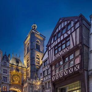 Medieval building and clock on Gros Horloge street in Rouen, France