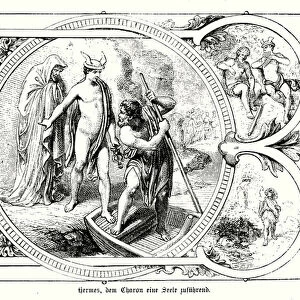 Hermes, messenger of the gods in Greek Mythology, delivering a soul to Charon, ferryman of Hades (engraving)