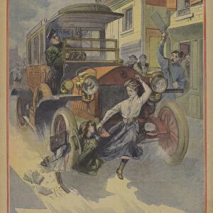 Two young girls killed and a worker injured by a car driven by a madman at Epernay, France (colour litho)