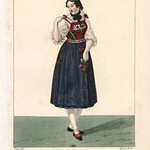 Young woman of the Canton of Lucerne, Switzerland, 19th century. Her dress is notable for the thick troche or bourrelet hat, and her footless stockings